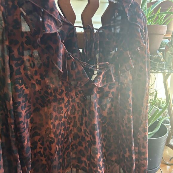 Amisu Brown and Black Sheer Ruffled Tie Front Blouse XS - Picture 14 of 15